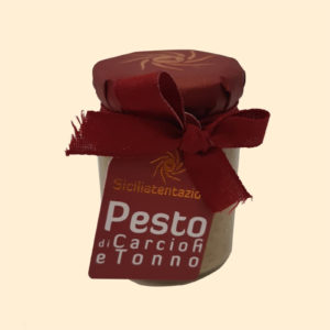 Jar of Italian pesto with artichokes and tuna food shop Bellagio